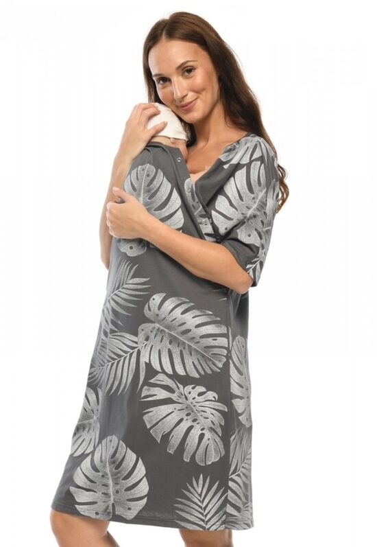 Dzemdību krekls GRAY/LEAVES ar pusgarām piedurknēm un kabatām